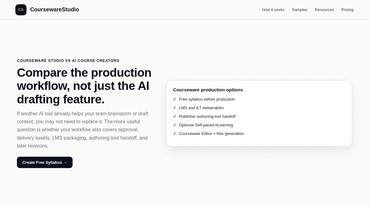 Courseware Studio comparison view emphasizing syllabus approval, LMS and instructor-led deliverables, authoring-tool handoff, Self-paced eLearning, and revisions.