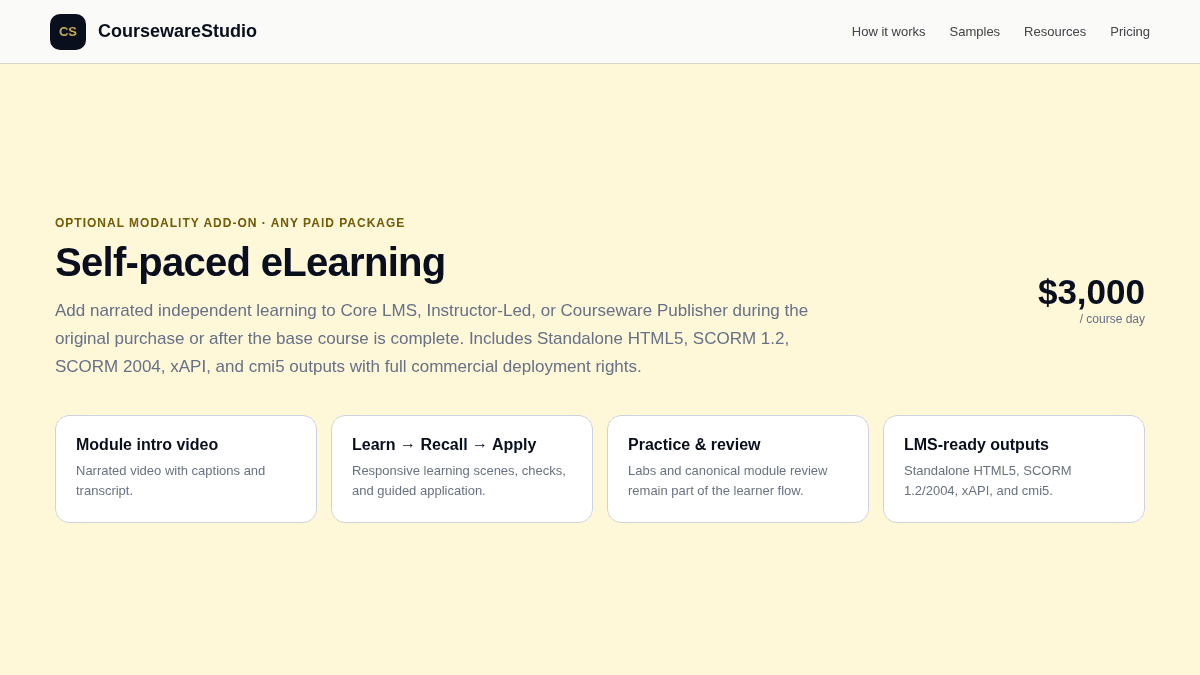 Courseware Studio Self-paced eLearning view showing narrated learning and supported HTML5, SCORM, xAPI, and cmi5 outputs.